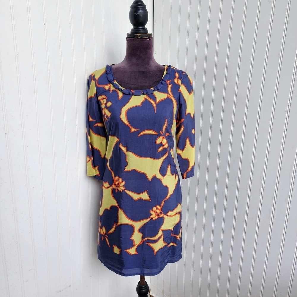 Ann Taylor LOFT Floral Knee Length Dress Navy Blue Green Orange 3/4 Sleeve 0P